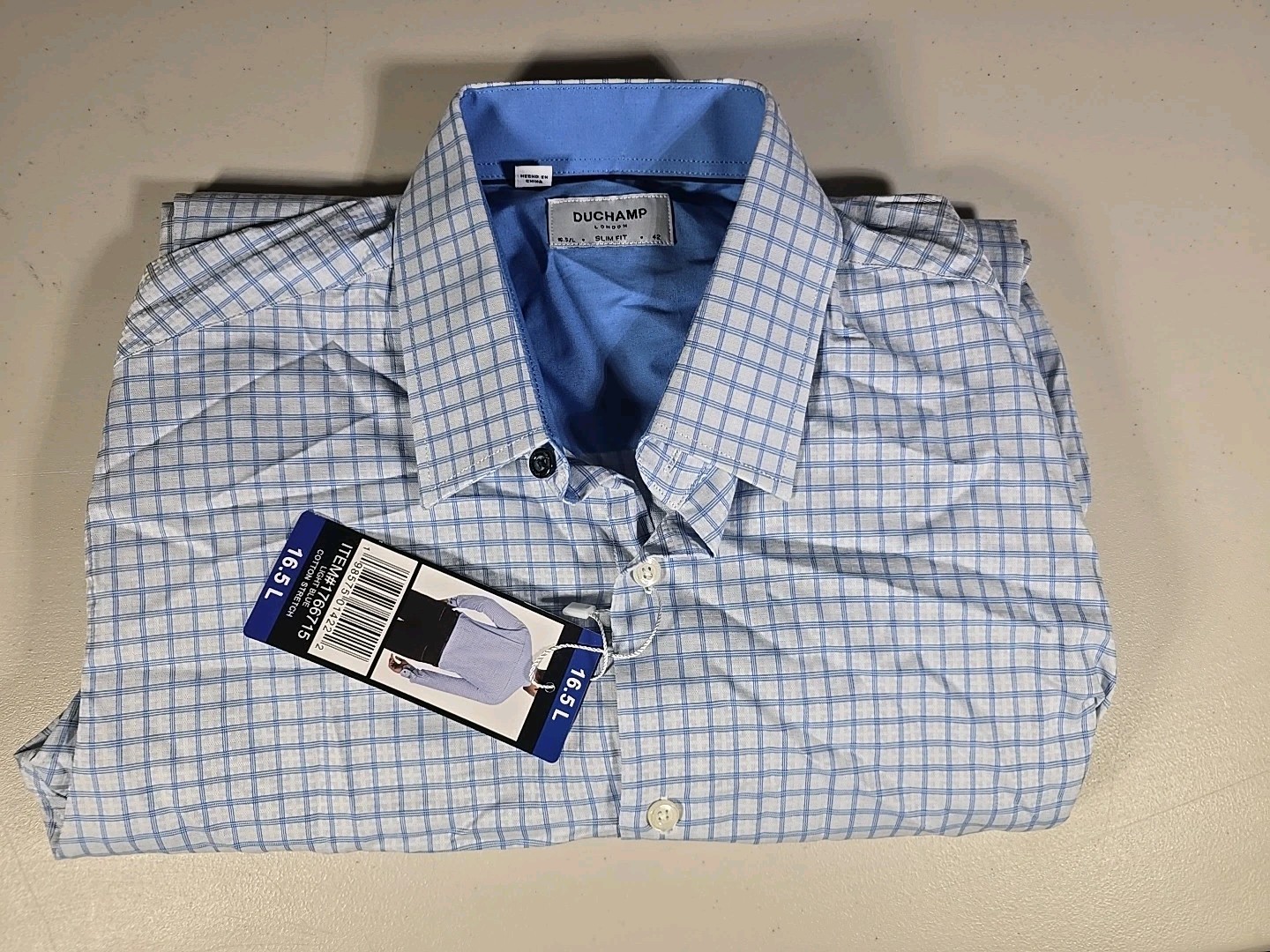 Duchamp Men’s Slim Fit Cotton Stretch Dress Shirt, Light Blue,size L, 16.5in, 42