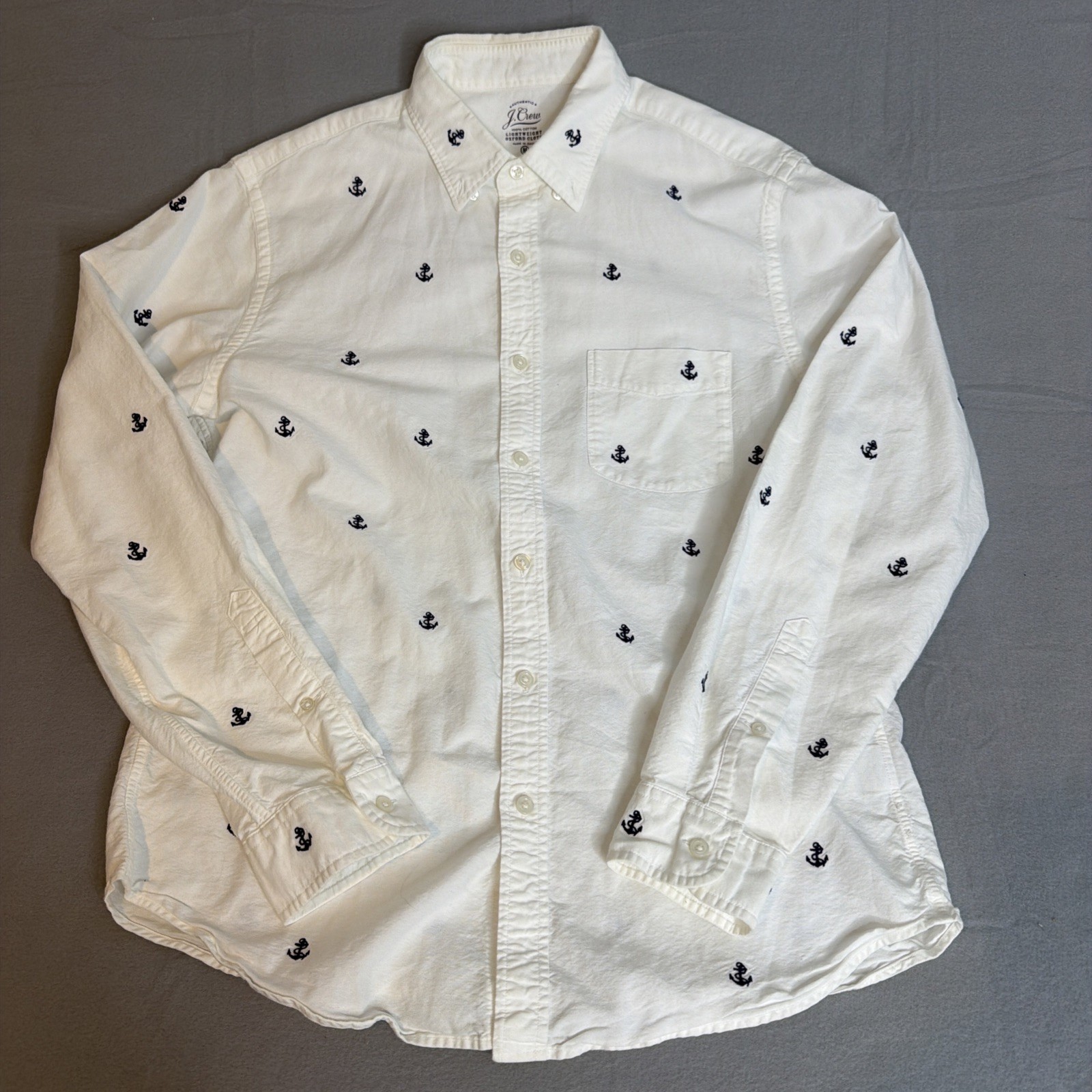 J. Crew Mens Medium Oxford Button Down Shirt White Blue Embroidered Anchors