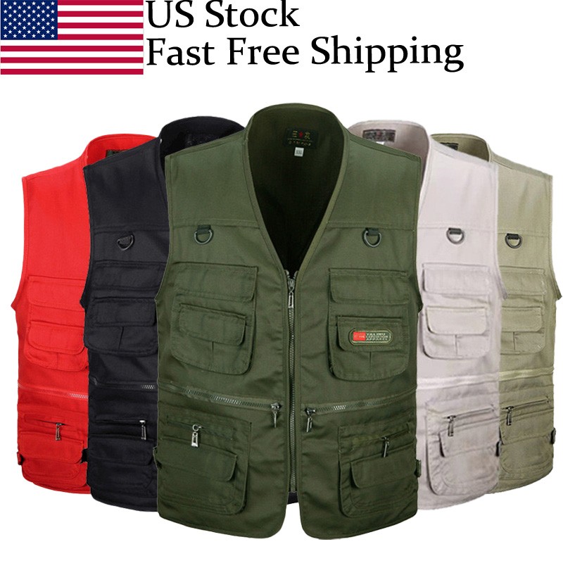 Mens Cargo Multi Pocket Utility Vest Fishing Hiking Camping Gilet Waistcoat Tops