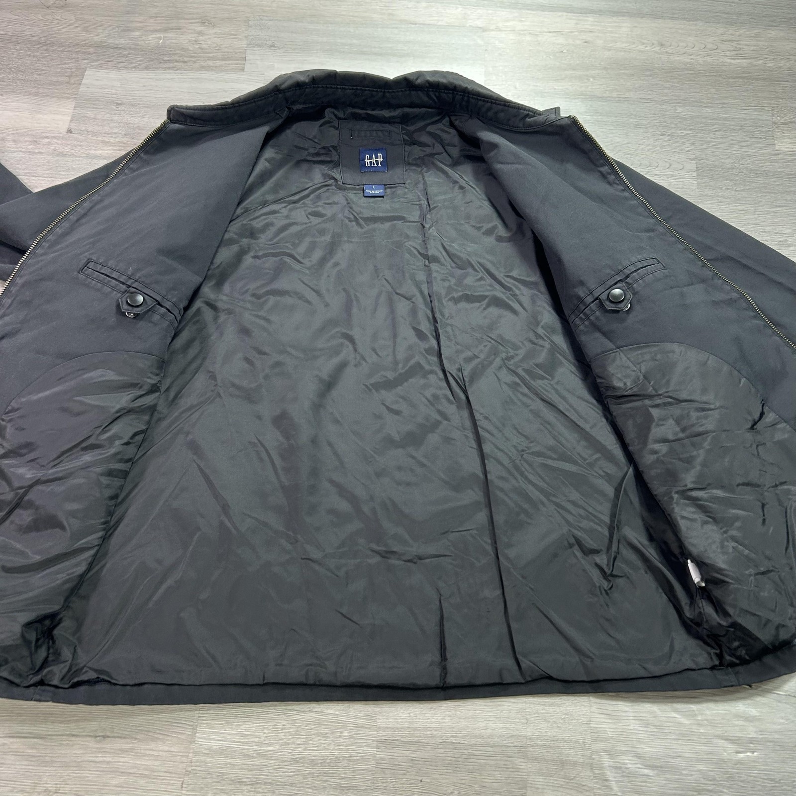 VINTAGE Gap Jacket Mens Large Black Nylon Canvas Full Zip Harrington Workwear