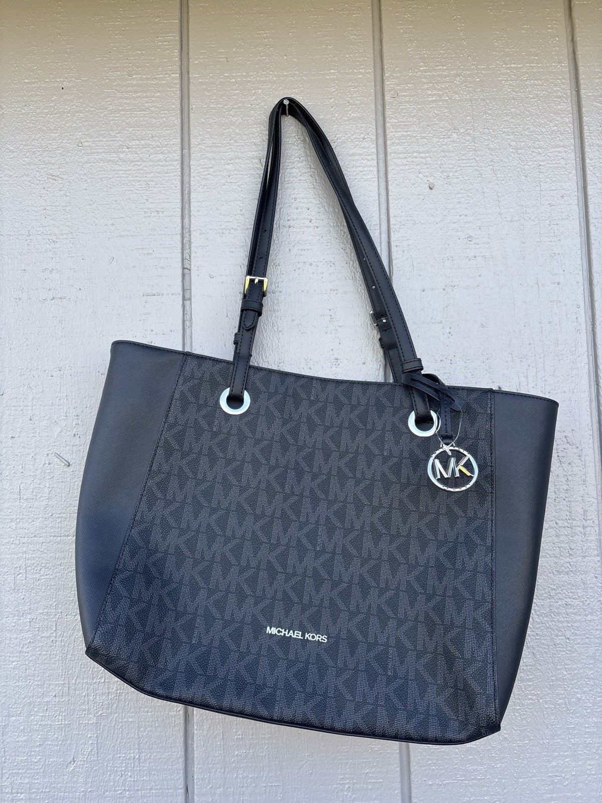 Michael Kors Medium Tote Black MK Monogram, Adjustable Strap, Bag Charm
