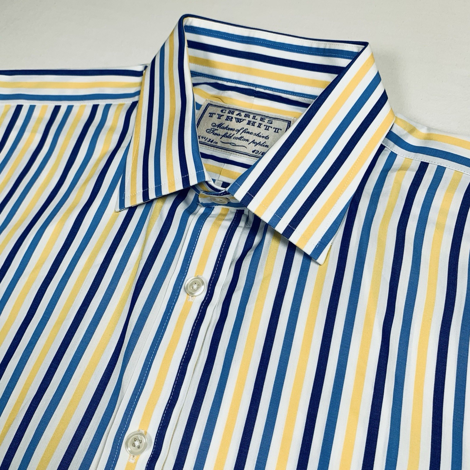Charles Tyrwhitt Shirt Men 16.5 34 Blue Yellow Striped Poplin LS Dress Button Up