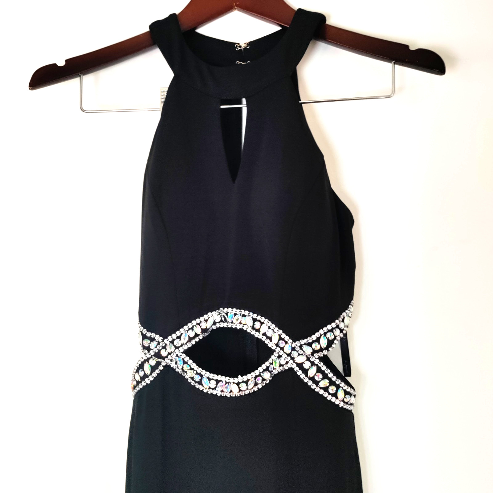 Formal Halter-Neck Cutout Bejeweled Black Prom Sexy High Split Dress Y2K Women 3