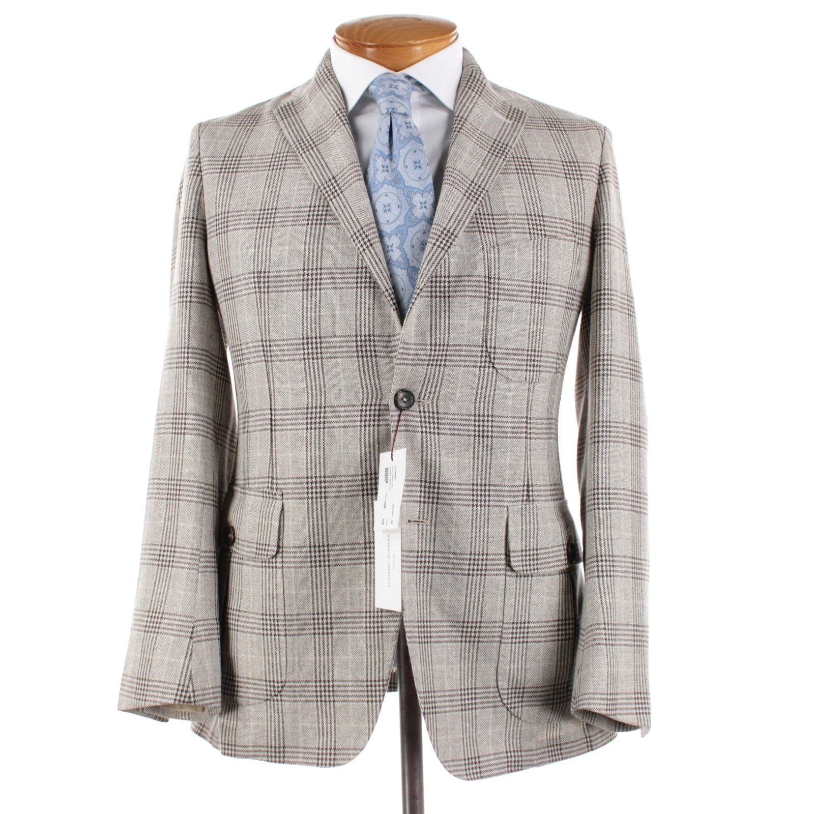 Luciano Barbera NWD Sport Coat Size 50R (40R US) In Tan w/ Brown & Blue Plaid