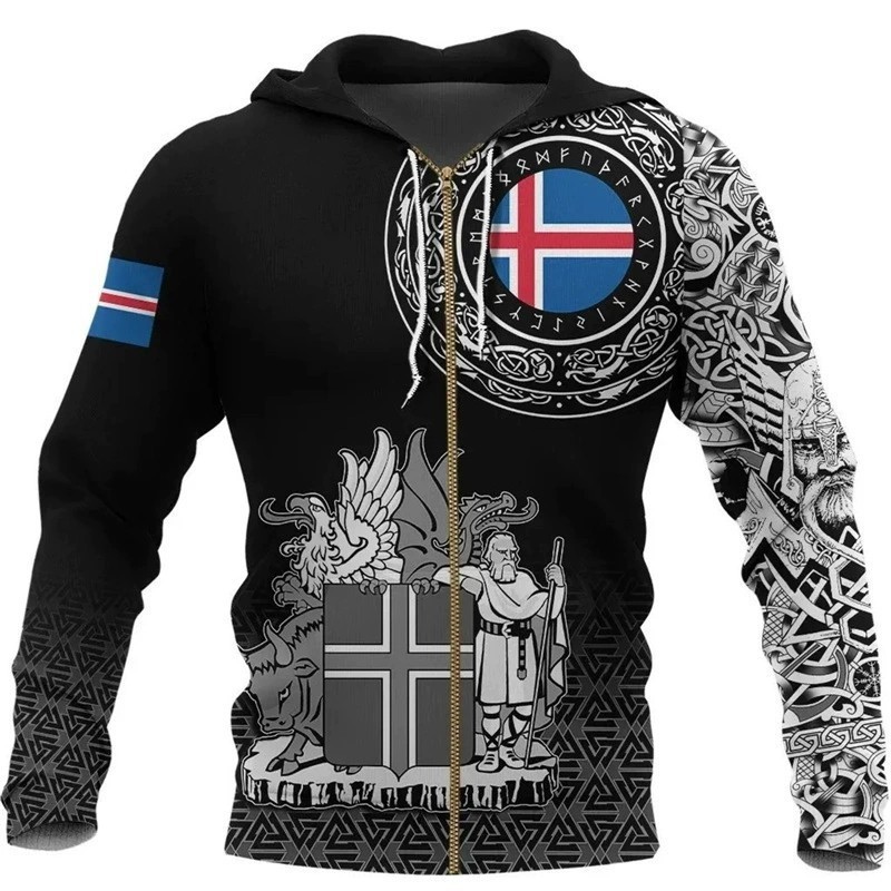 Viking Hoodie MEN Valhalla 3D Print Full Zip Sweatshirt Norse Pullover XS-6XL