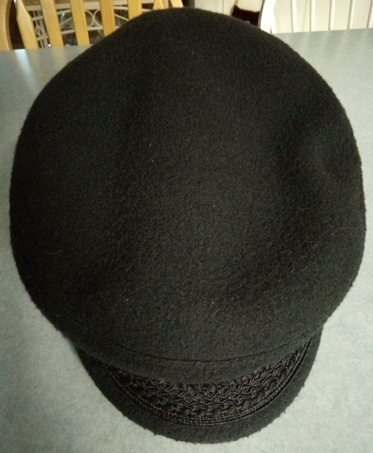 Greek FISHERMAN’S CAP BLACK Wool LARGE Braid Trim Button Lined w pin Free Ship