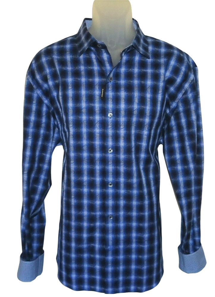 Bugatchi Long Sleeve Shirt XXL Shaped Fit Navy Blue Wavy Geo Check Pattern NWT