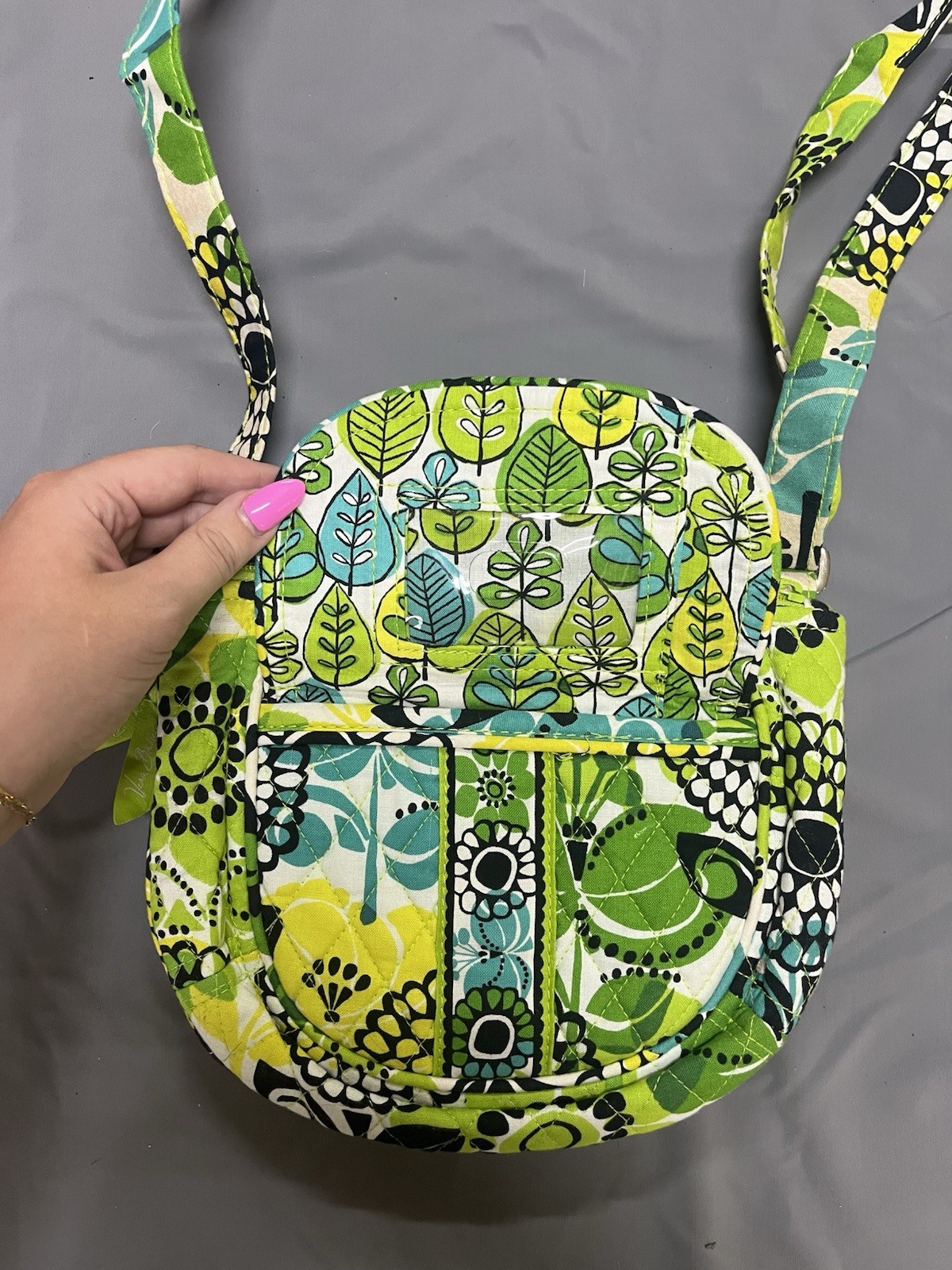 Quilted Green Blue Floral Small Crescent Crossbody Bag Zip Lined Pockets Charm