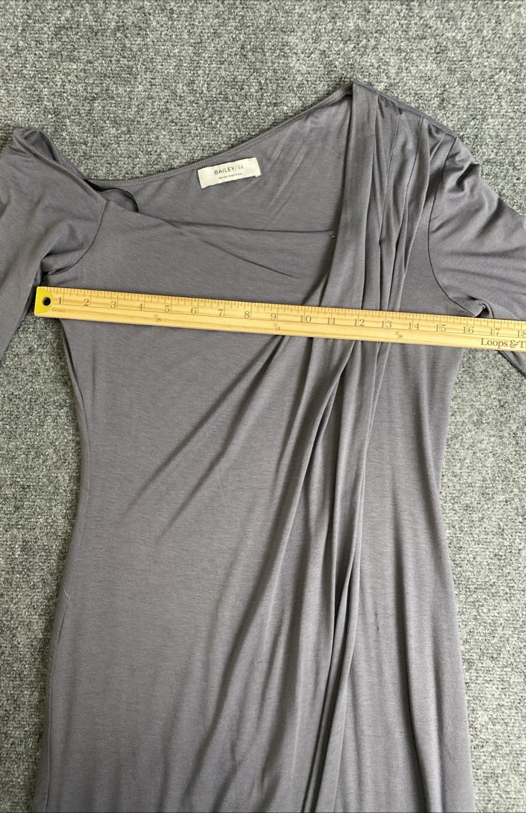 Bailey 44 Form Fitting Slate Gray Asymmetrical Pleated Lined Dress Size M (?)