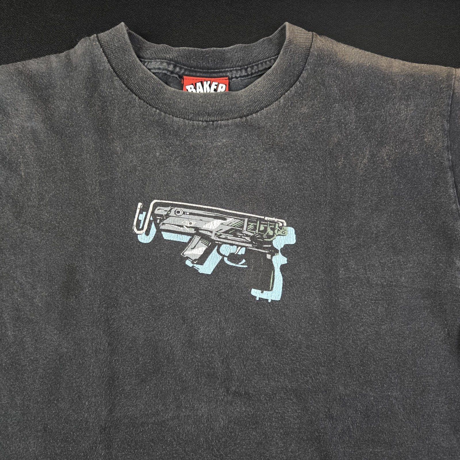 Vintage Baker Skateboards Mini Uzi Gun Ride Or Die Skate Tee, Sz S 17×26″, Fade