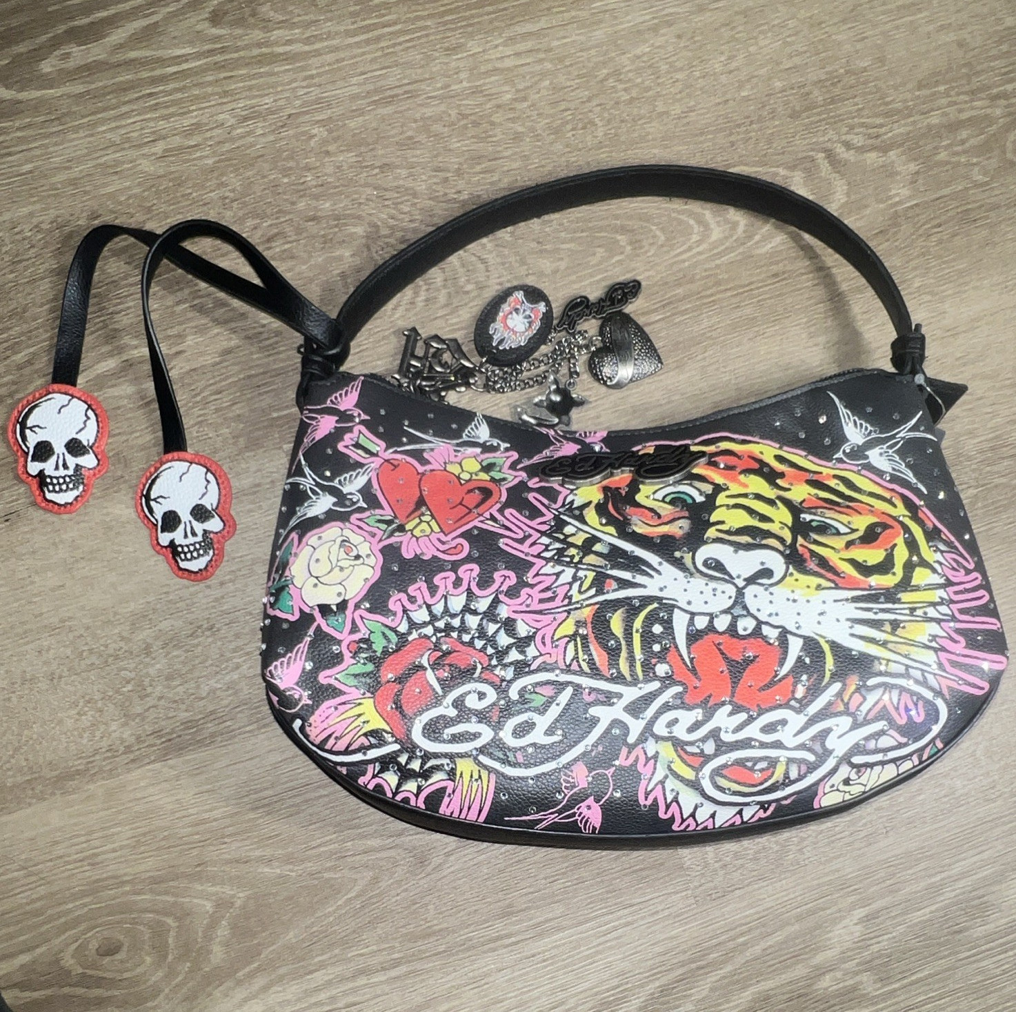 Ed Hardy Small Black Shoulder Bag Tiger Graphic Skull Tattoo Zip Closure Charm