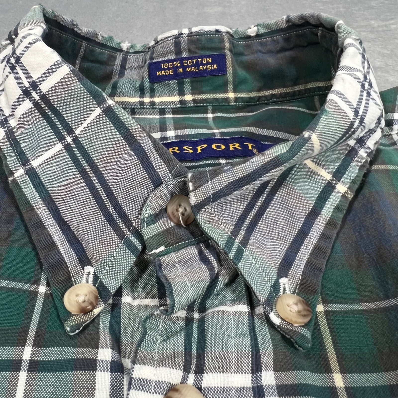 NORSPORT Vintage Mens Button Down Shirt XL Green White Plaid LS 100% Cotton Y2K