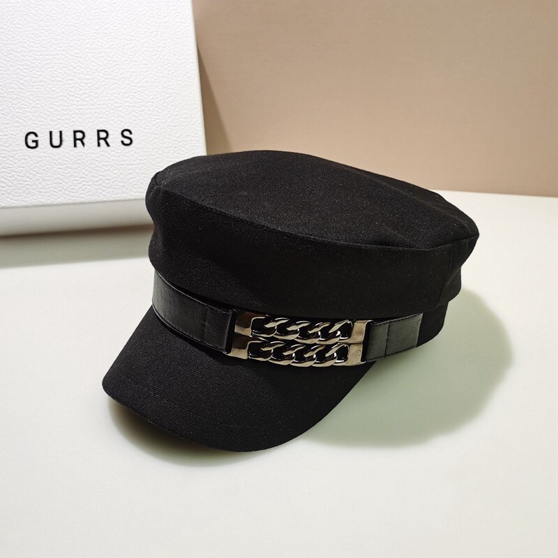 Black Women’s Beret Hat w/ Chain Decorated Peaked Cap Newspaper Hat Vintage