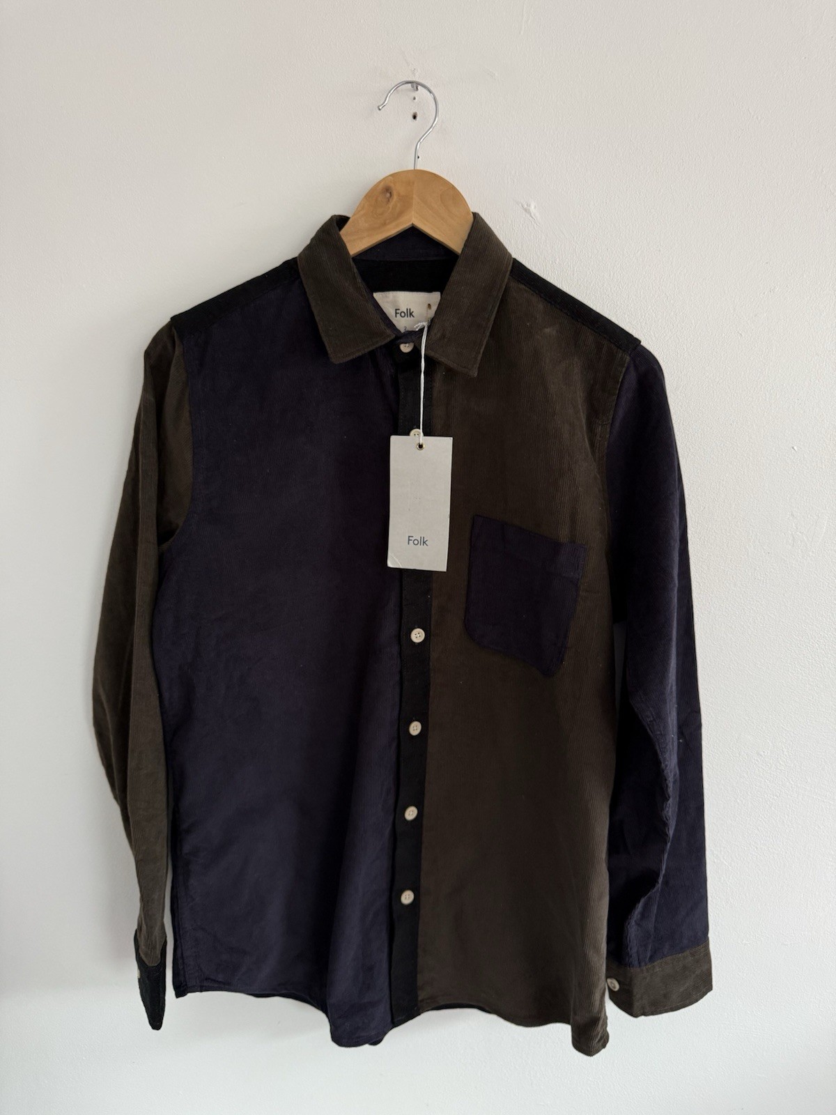 Folk Harper Colour Block Corduroy Shirt Mens Small 2 Khaki Navy Button Up BNWT