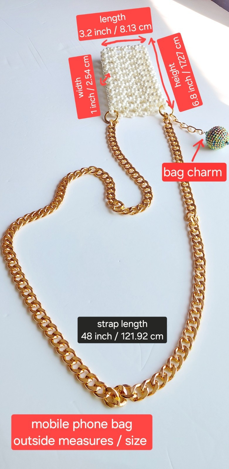 Handmade Pearl Beaded Cell Phone Bag with Gold Chain, Mobile Phone Bag Crossbody