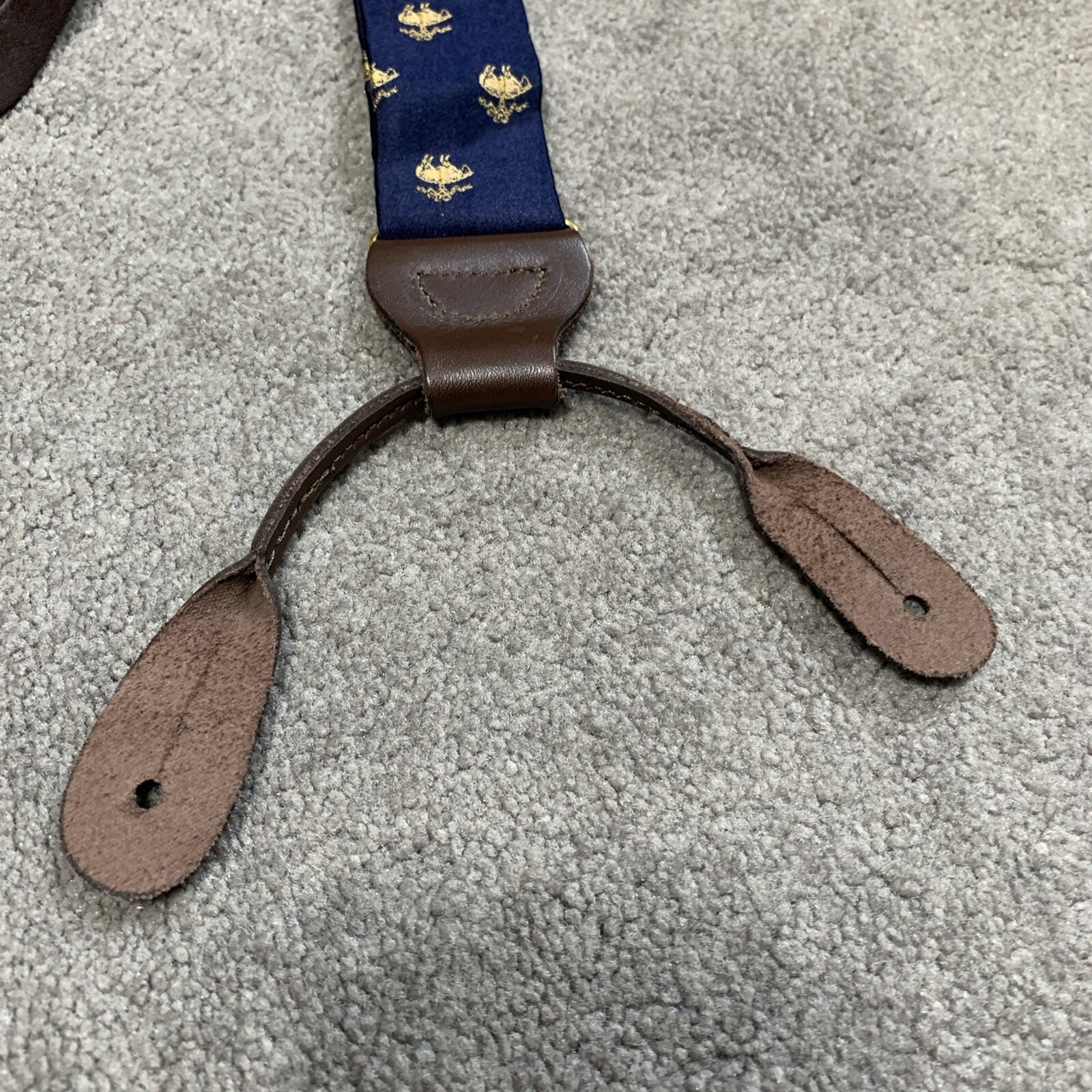 Brooks Brothers Silk Suspenders Navy Blue with Golden Fleece Sheep Silk Leather