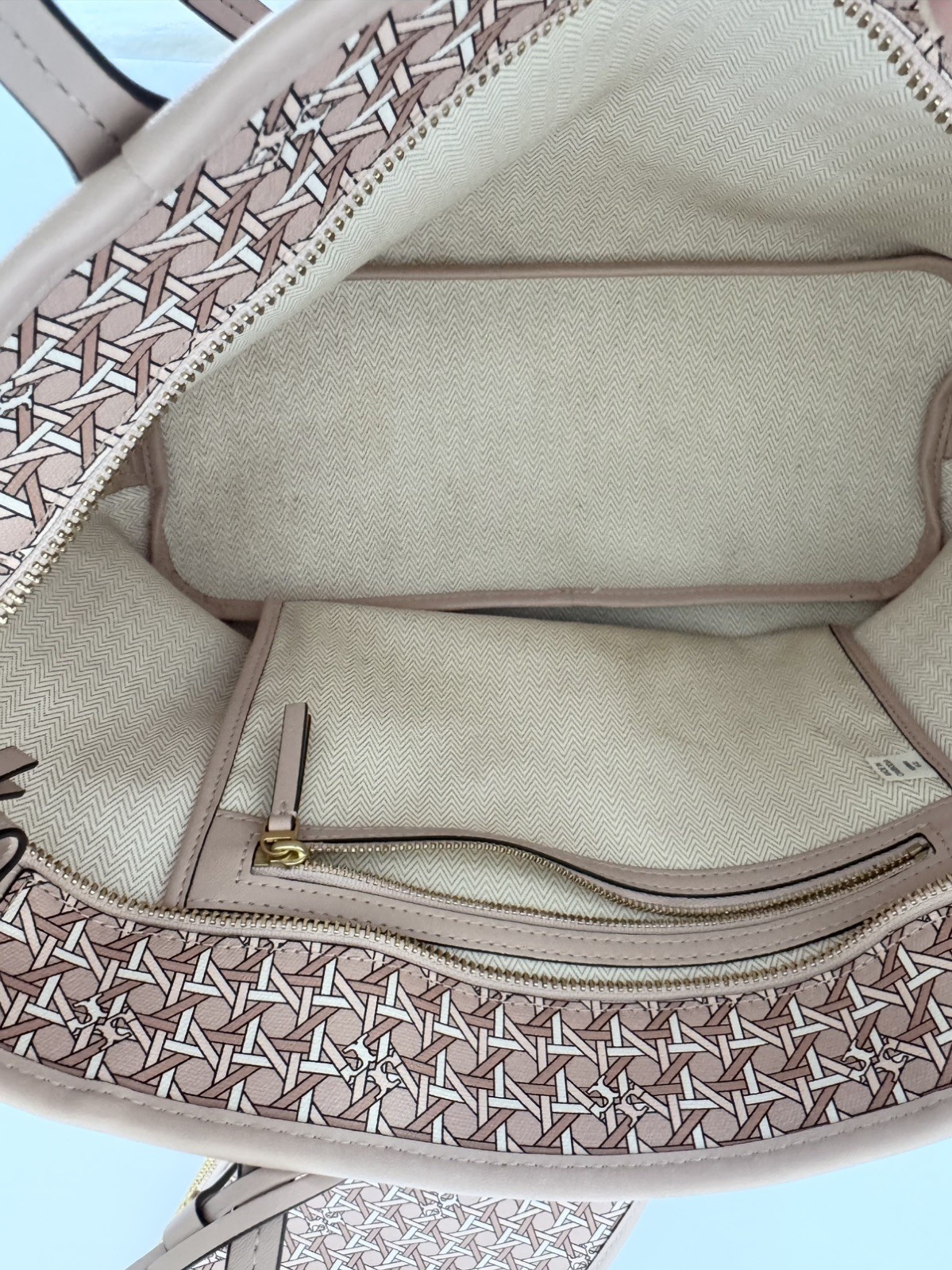 Tory Burch T Monogram Tote Pink Beige Zip Closure & Pouch Gold Hardware