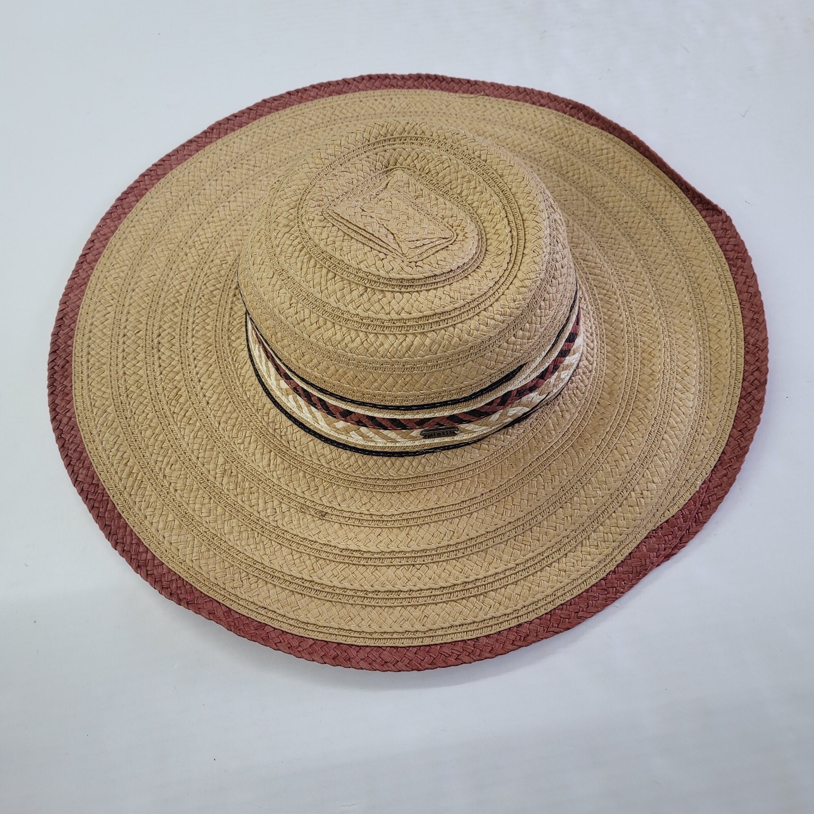 Pistil Sun Hat Women One Size Tan Straw Wide Floppy Brim Boho Woven Band Beach