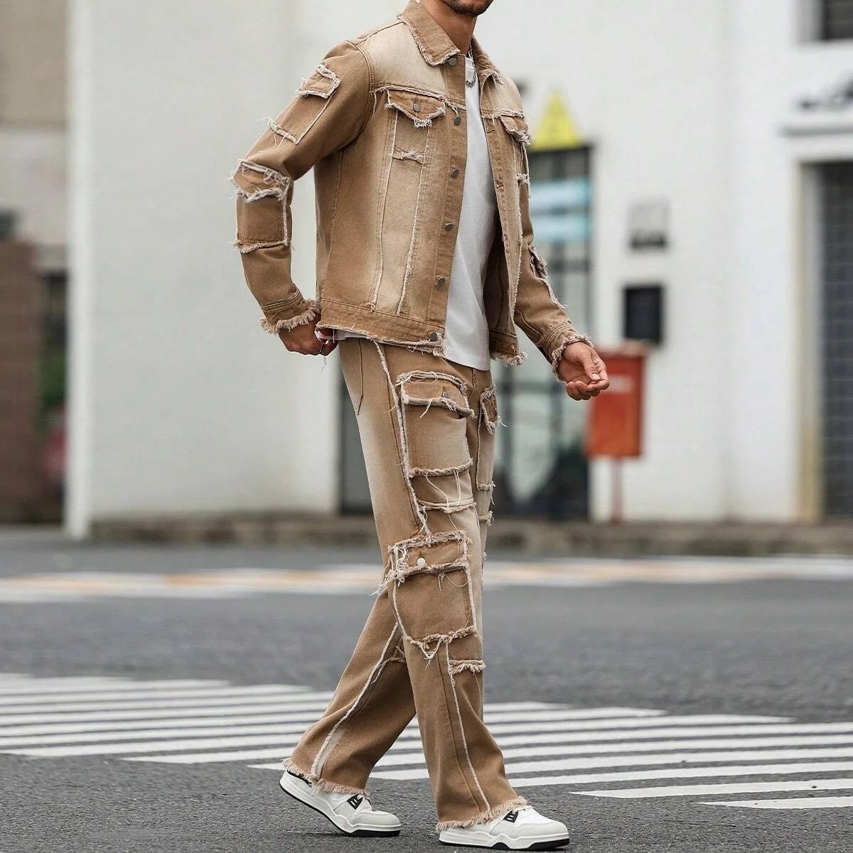Men’s Distressed Khaki Denim Set Frayed Patchwork Streetwear Jacket Pants Combo
