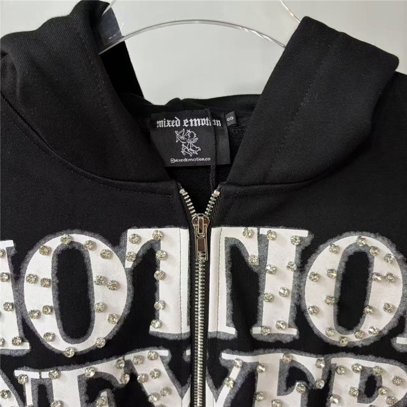 Mixed Emotion – Beaded Letter Print Zippered Hooded Sweatshirt