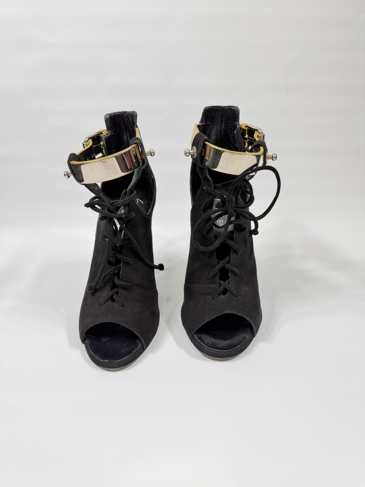 Giuseppe Zanotti x Anja Rubik Black Suede Lace Up Peep Toe Heels Gold Strap 37