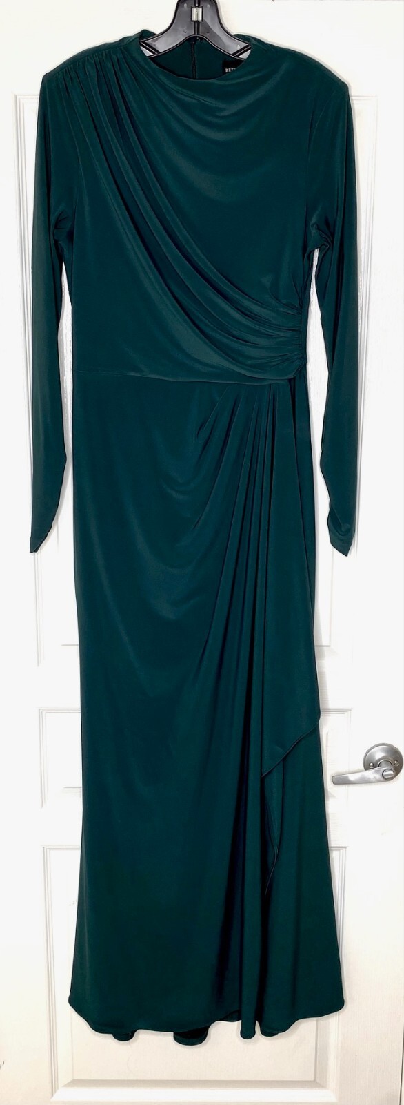 BETSY & ADAM Forest Mock Neck Ruched Ruffle Long Sleeve Stretch Jersey Gown 12