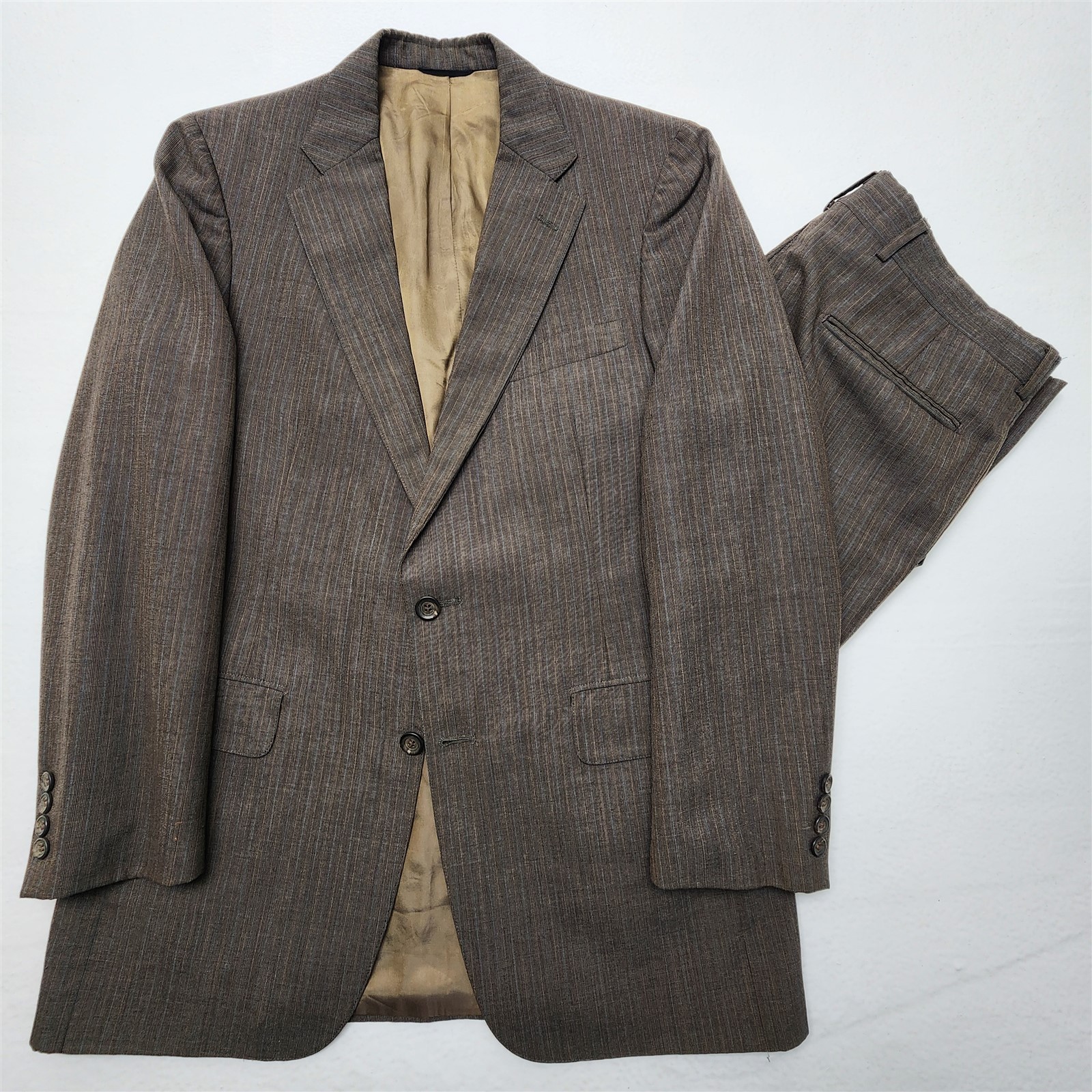 Vtg Chaps Ralph Lauren USA 40R 34×32 Brown Nailhead Pinstripe 2Btn 2Pc Mens Suit