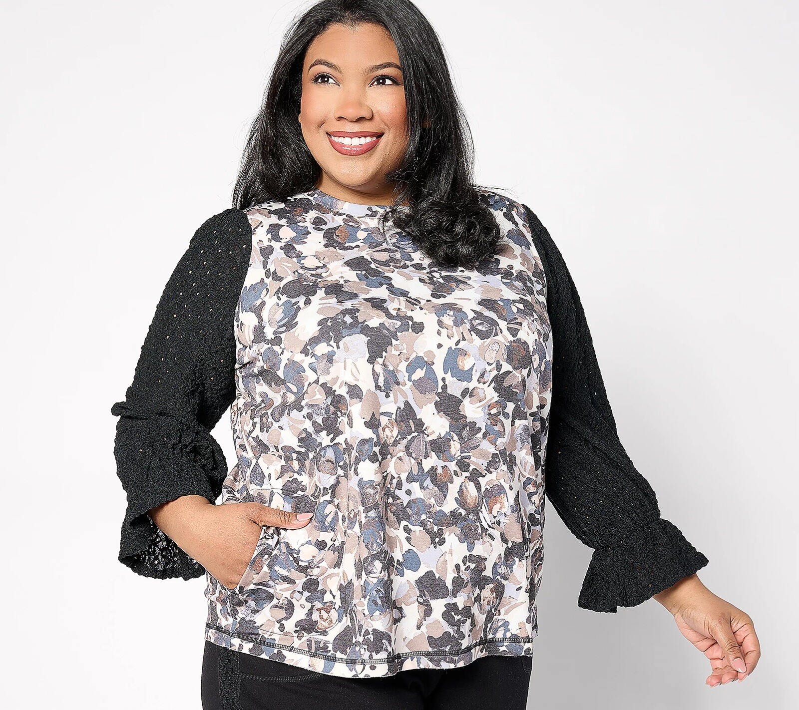 LOGO by Lori Goldstein Sz XL 3/4 Sleeve Top with Eyelet Lace Sleeves A638920 BLK