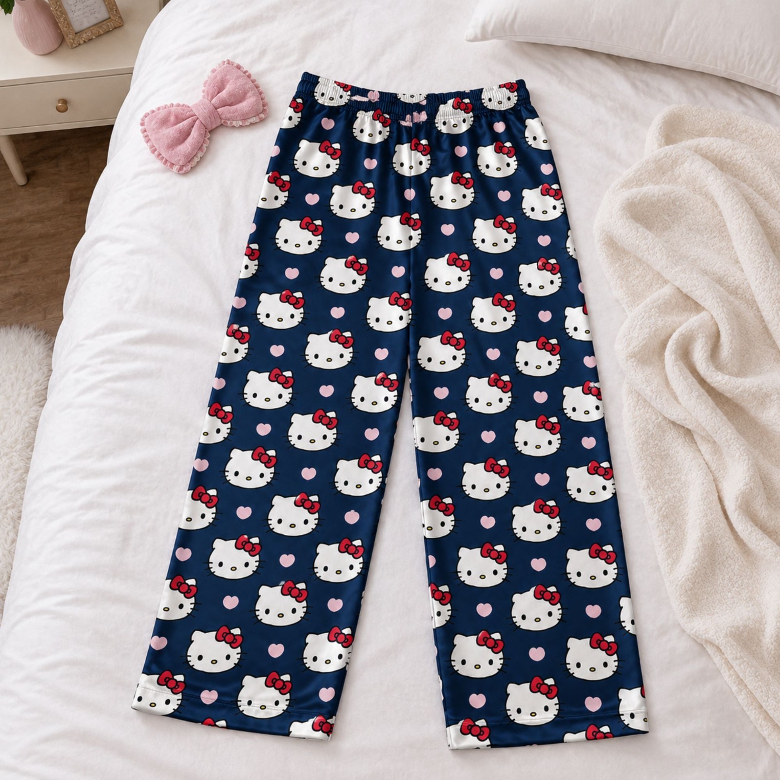 Women’s Navy Satin Pajama Pants Cute Cat Print Soft Lounge Sleep Bottoms