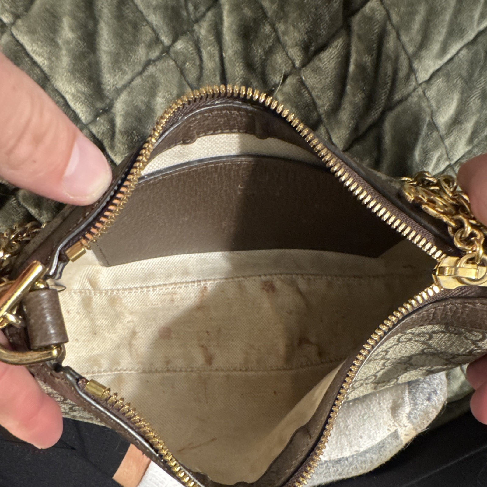 Gucci GG Pattern Small Crescent Shoulder Bag Zip Chain Strap Gold Beige Brown