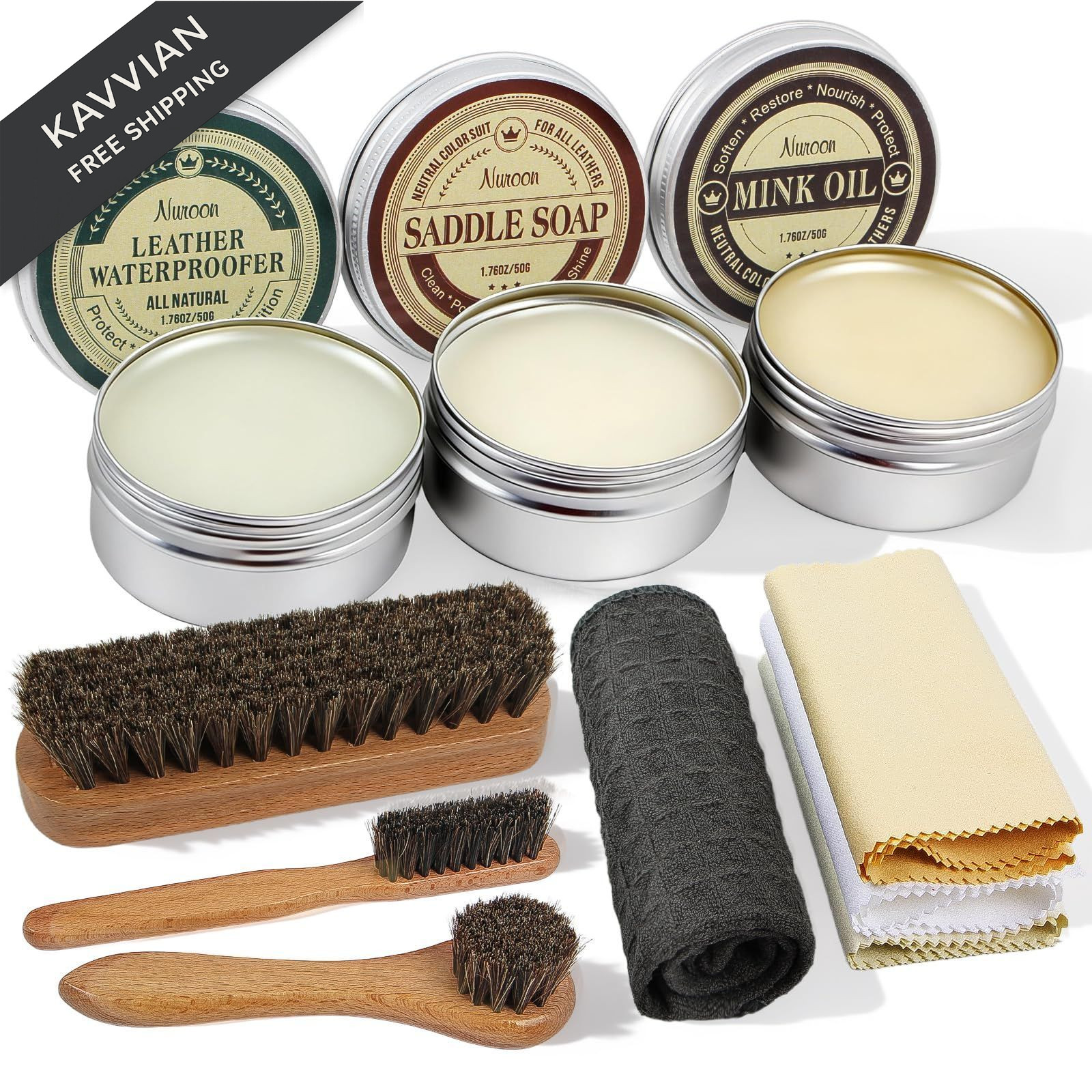 10Pcs Leather Care Kit- 3Pcs Horsehair Brushes, 1.76oz Saddle NO, Multicolor