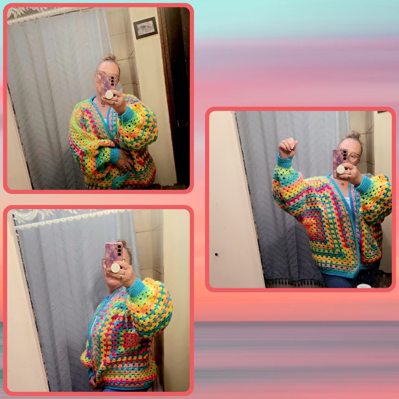 Handmade Women’s Multicolor Crochet Open Front Oversized Cardigan One Size