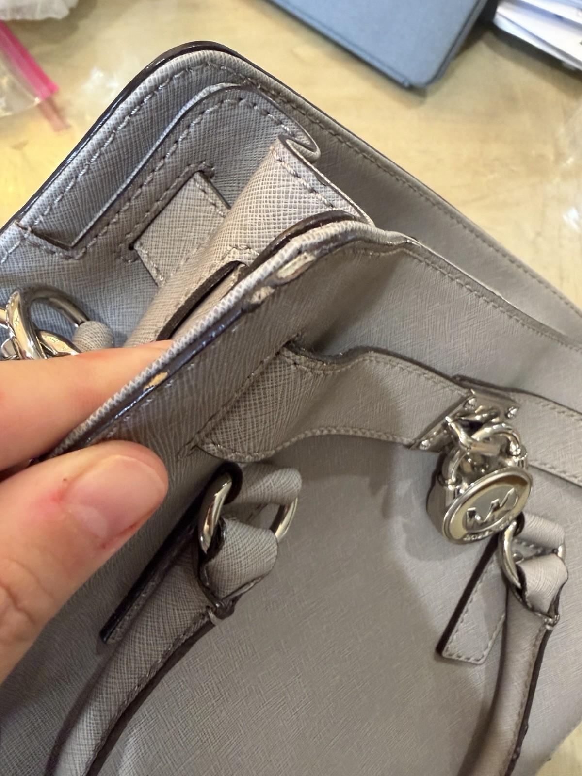 Michael Kors Gray Hamilton Satchel Top Handle MK Padlock Lock Silver Hardware