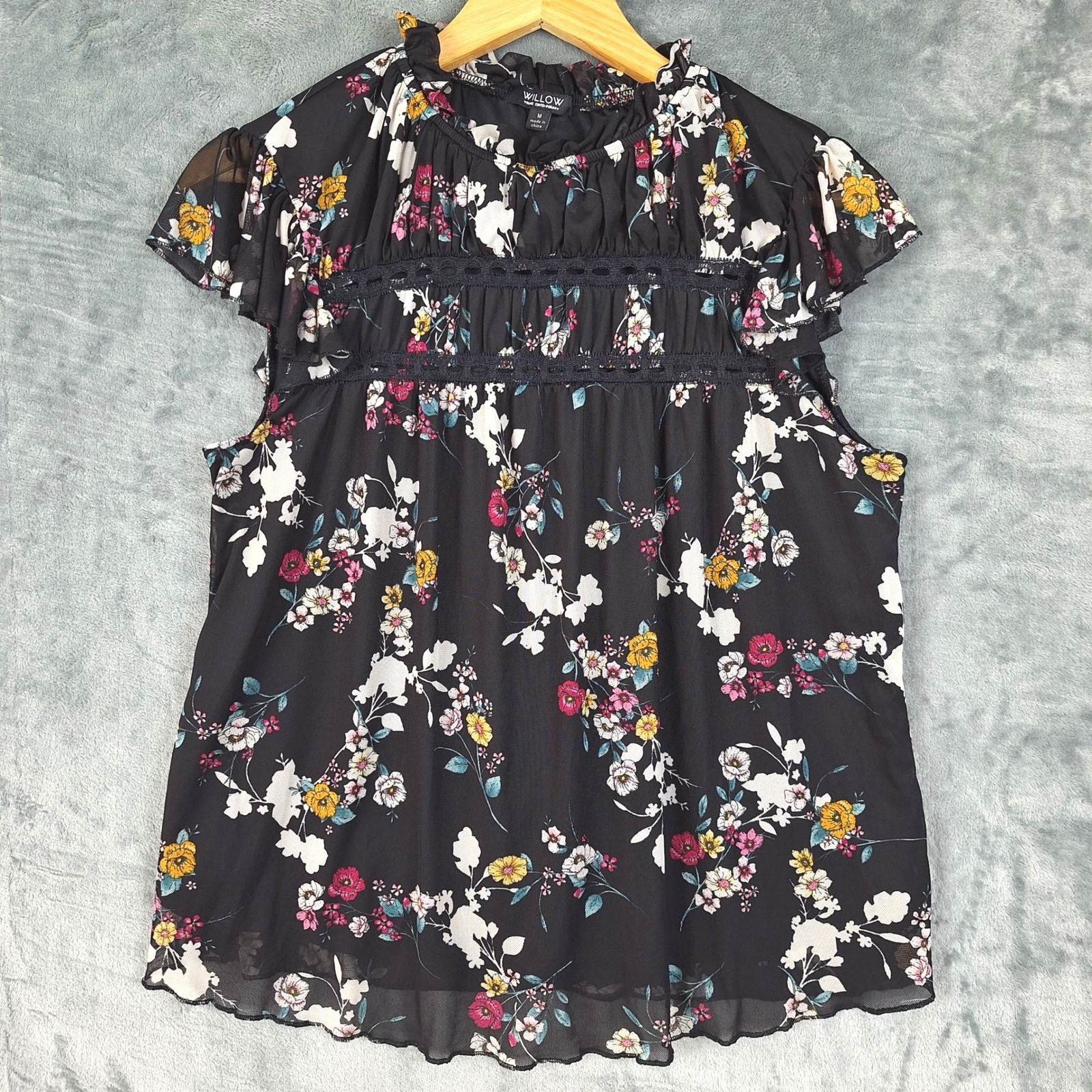 Womens Top Medium Black Floral Lace Fairy Ruffle Whimsigoth Romantic Feminine