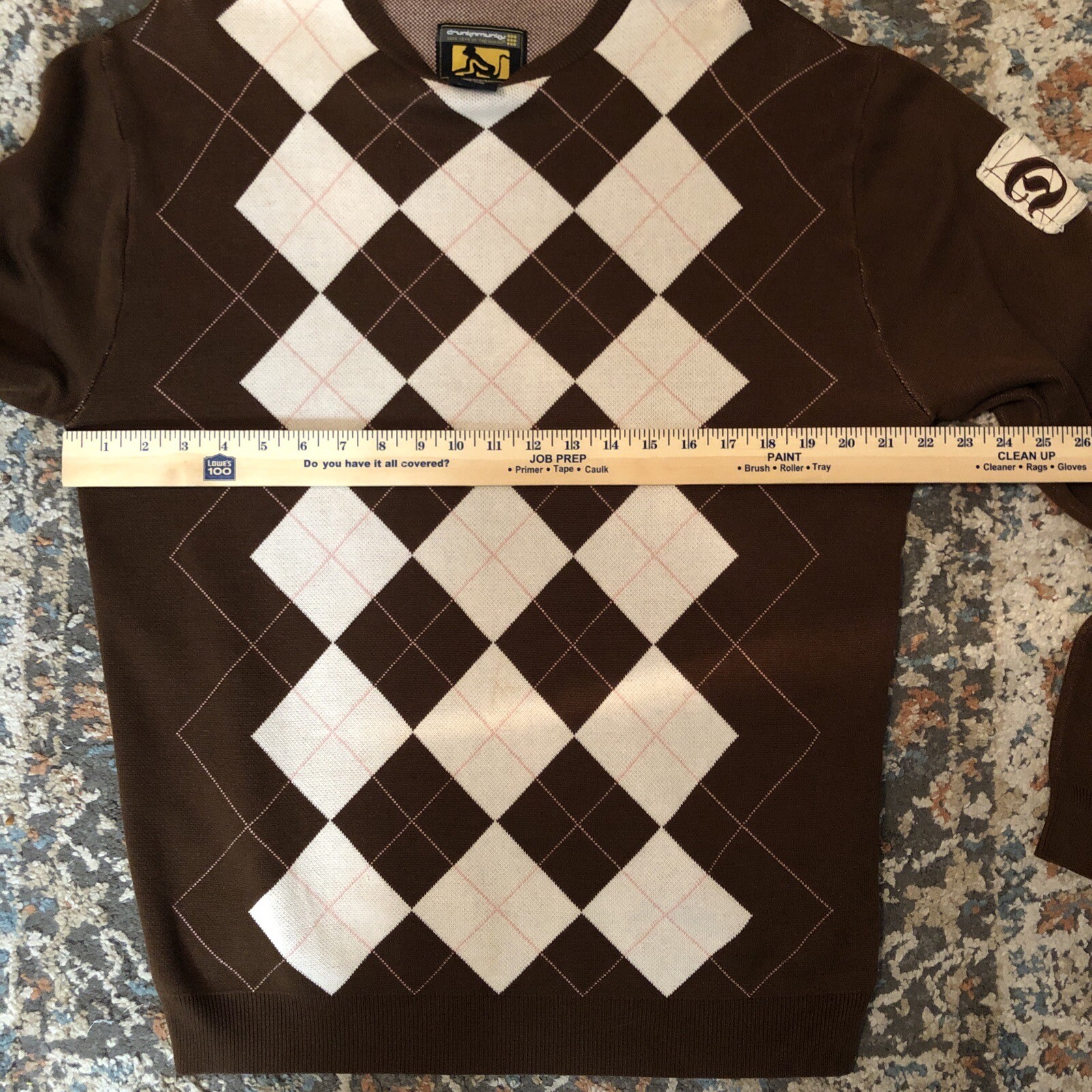 Drunknmunky Silk Argyle Sweater Brown Sz L Logo Fall (small Flaw See Pics)