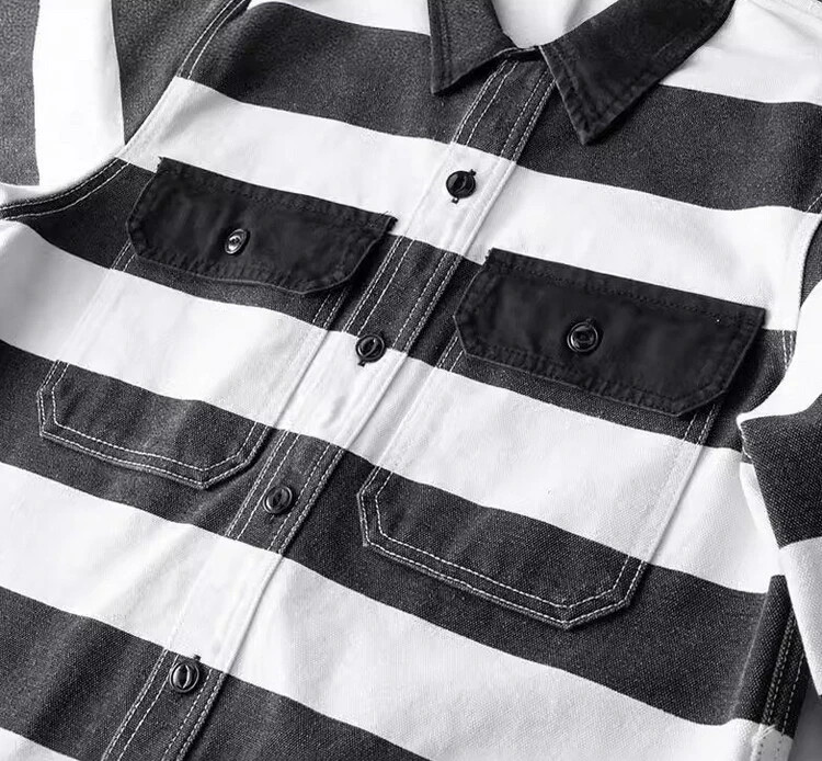 Men’s Vintage Style Biker Rider Jacket Retro Prisoner Striped Canvas Overshirt