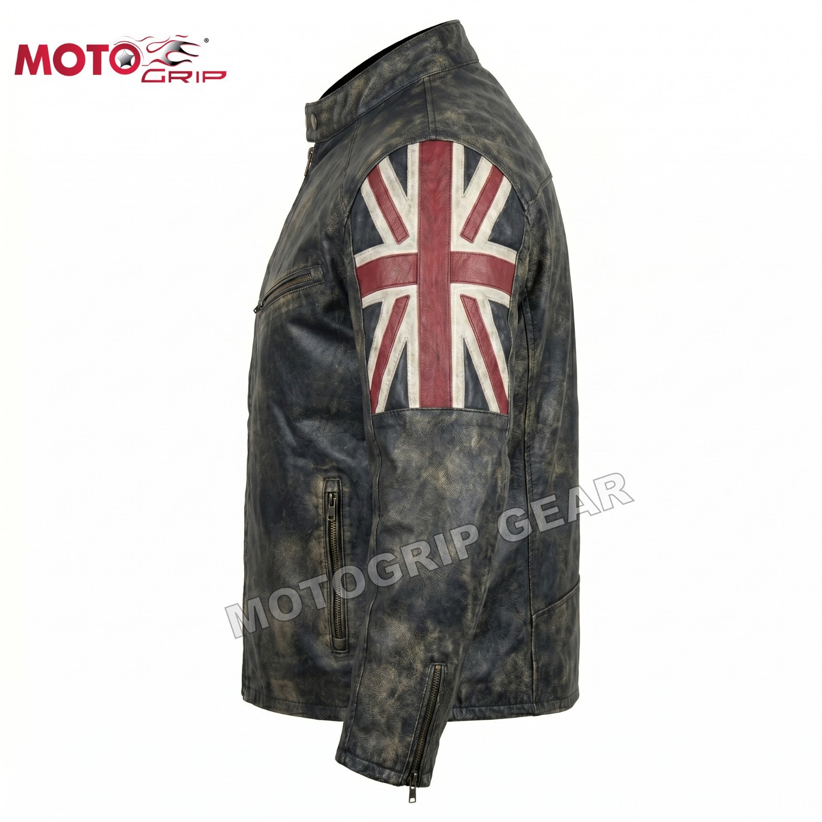 Men’s Biker Cafe Racer Motorcycle UK Flag Patch Vintage Distressed Black Leather