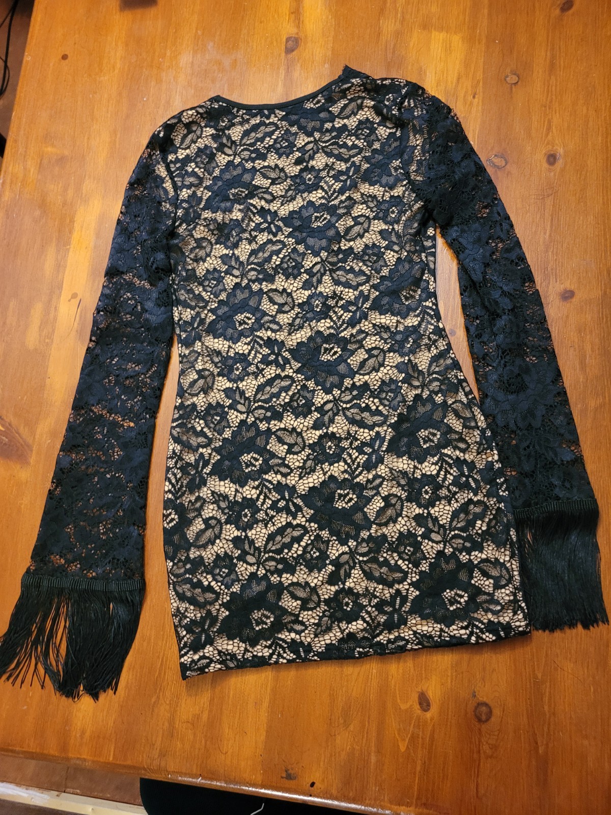 SweatyRocks Lace Mini Dress Floral Deep V Neck Fringe Sleeve Black Nude L Fits M