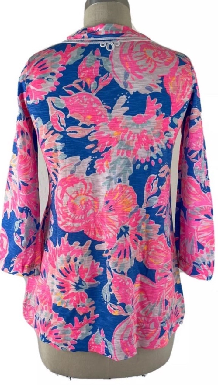 Lilly Pulitzer Kaia Knit Tunic Shirt BAY DREAMIN Pink Blue Pima Cotton M