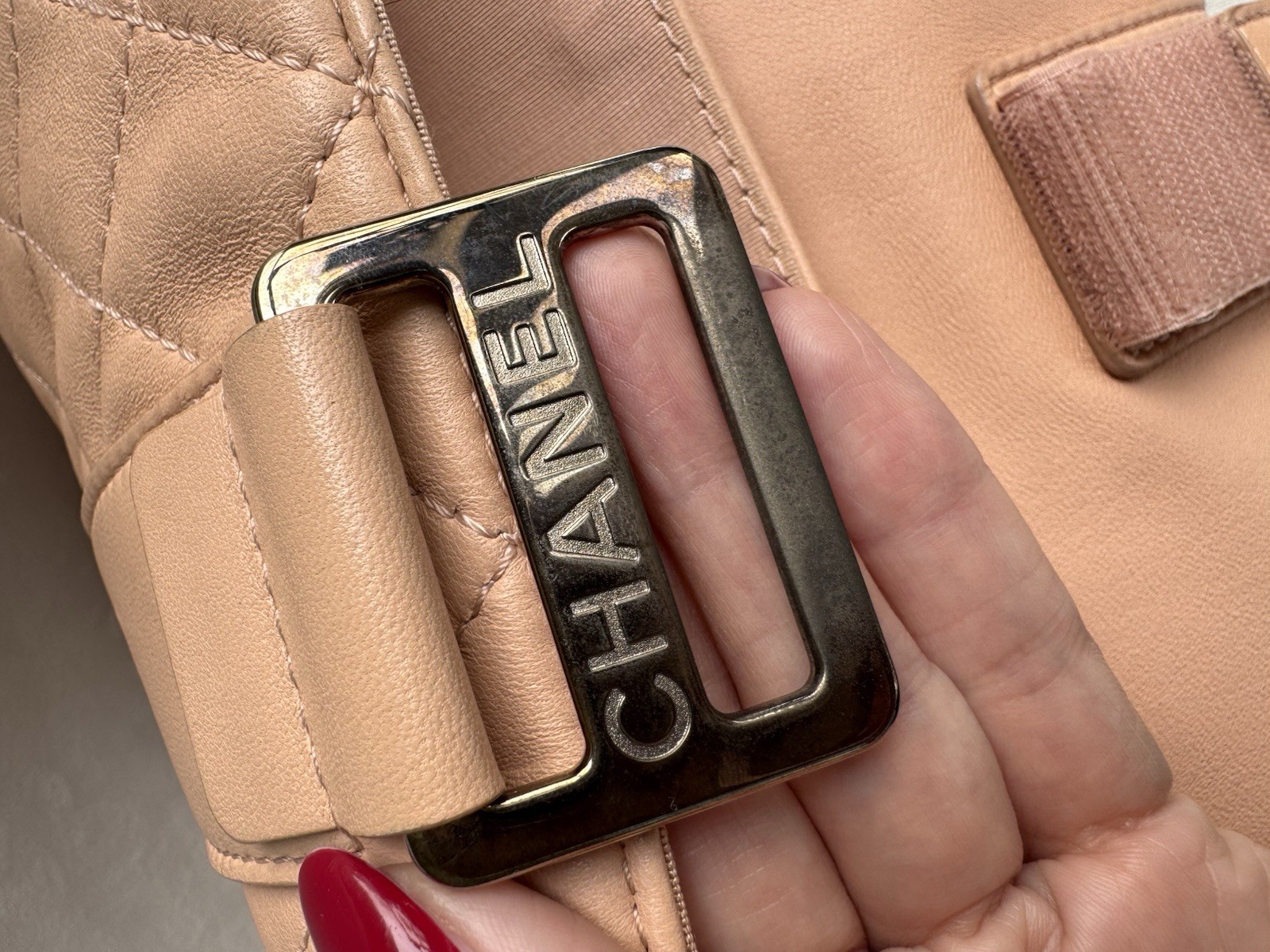 CHANEL Beige Quilted CC Logo Buckle Clutch Silver Hardware Inner Zipper