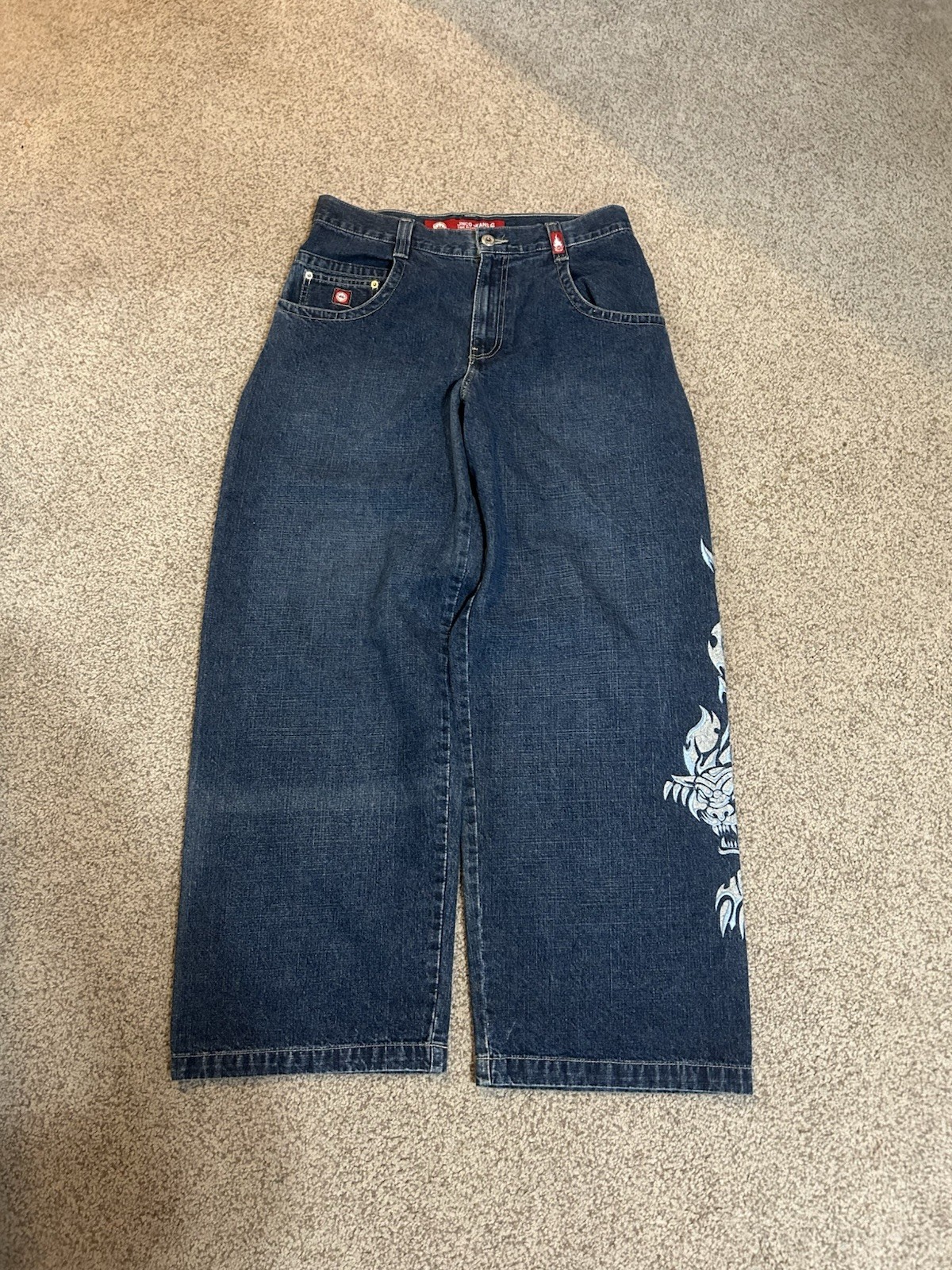 JNCO Men’s Wide-Leg Relaxed Dark Wash Graphic Logo Denim Jeans 90s