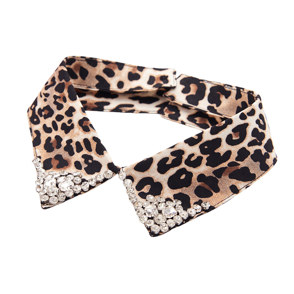 Women Leopard Crystal Detachable Fake Collar Neck Rhinestone Lapel Tops Choker
