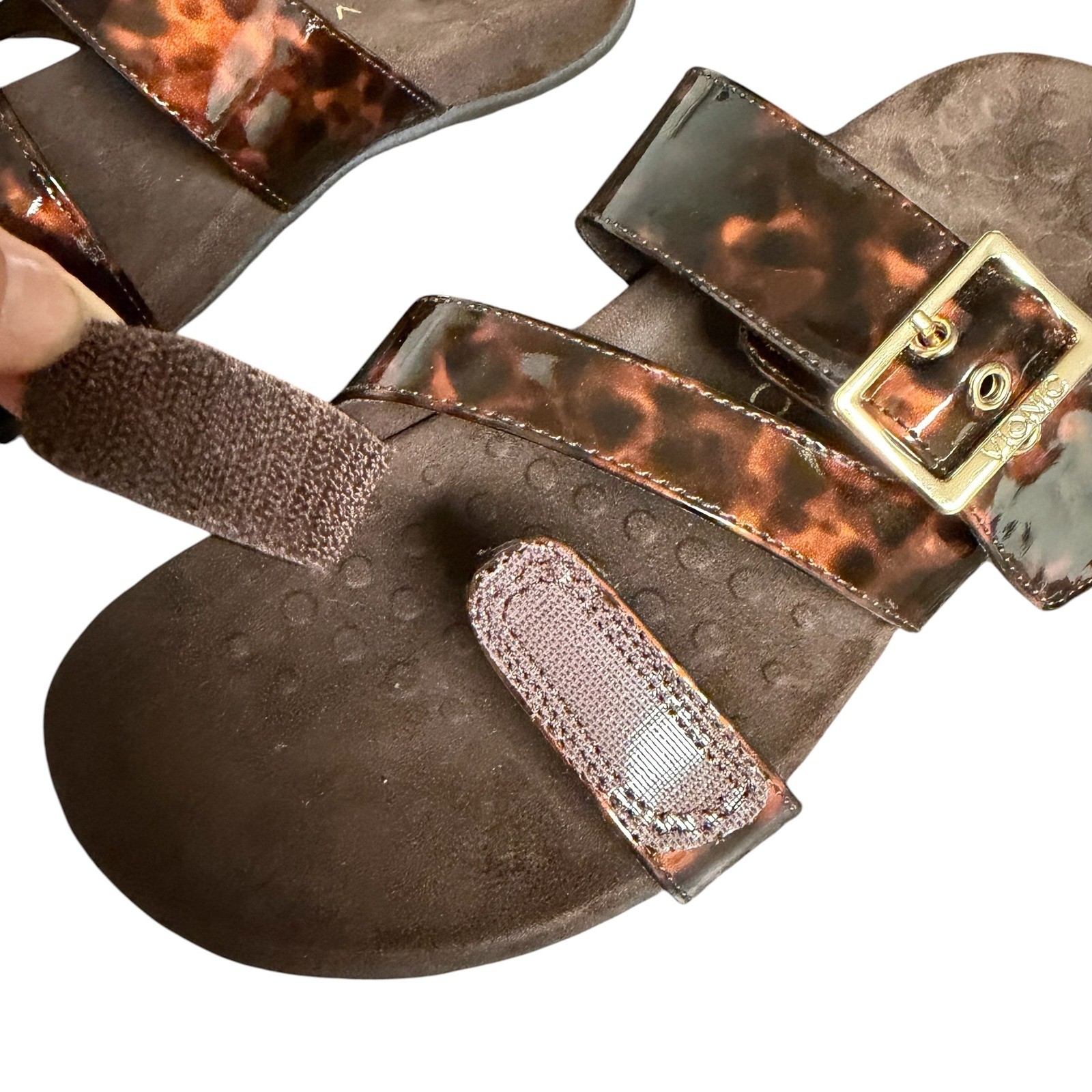 Vionic Skylar Tortoise Shell Patent Adjustable Slide Sandals Brown Gold Buckle