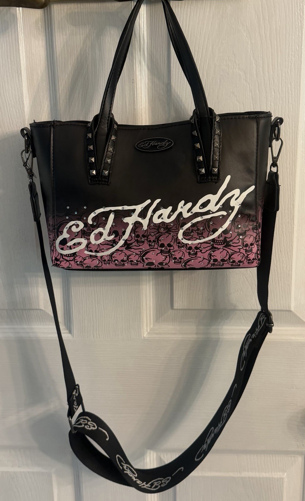 Ed Hardy Black and Pink Skull Shoulder Bag