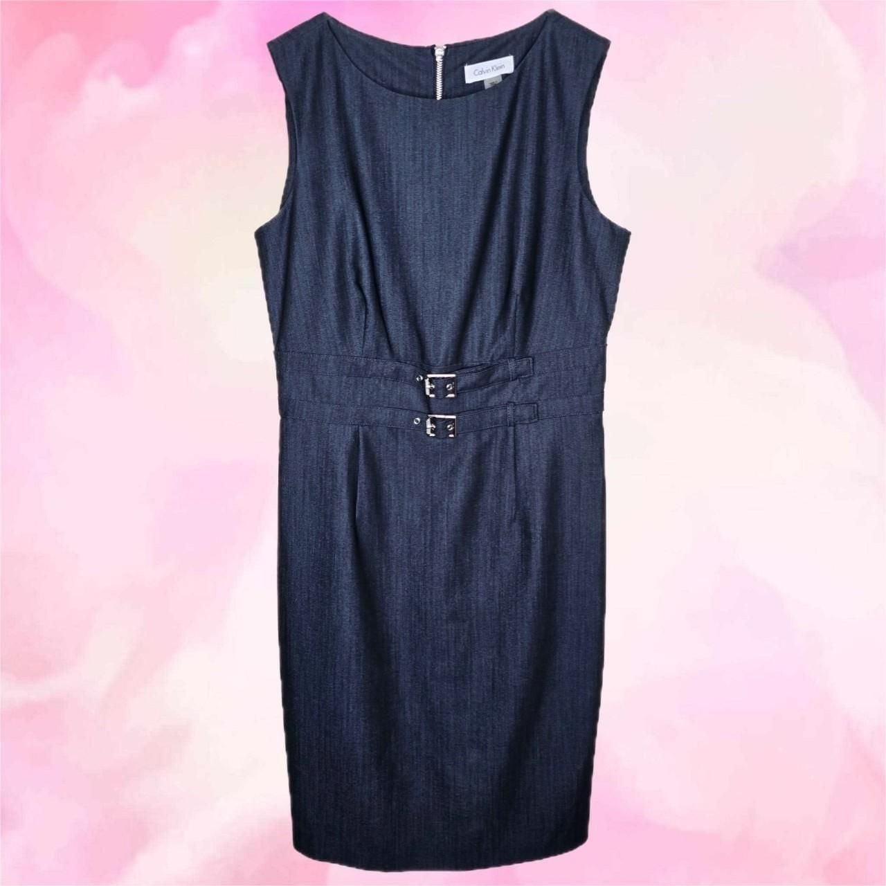 Calvin Klein Sleeveless Navy Blue Denim Buckle Waist Sheath Dress