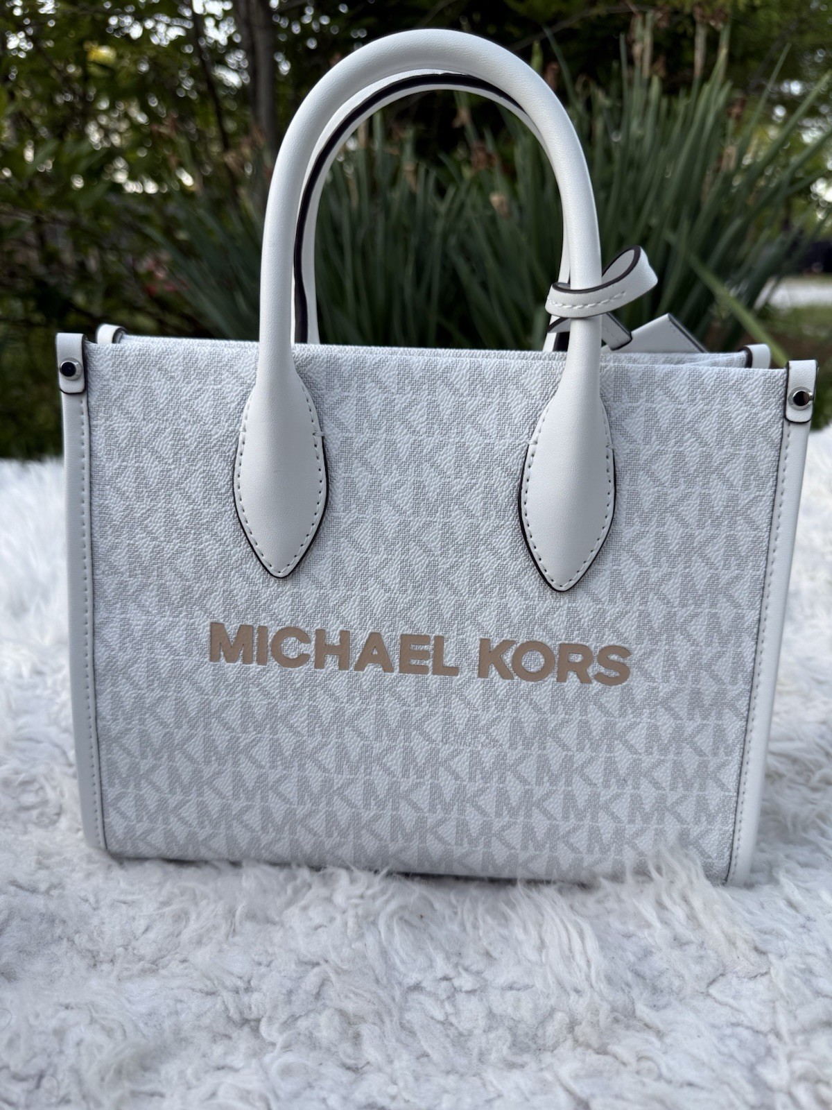 Michael Kors Mirella Small Leather Mk Logo Broad Shoulder Strap optic white