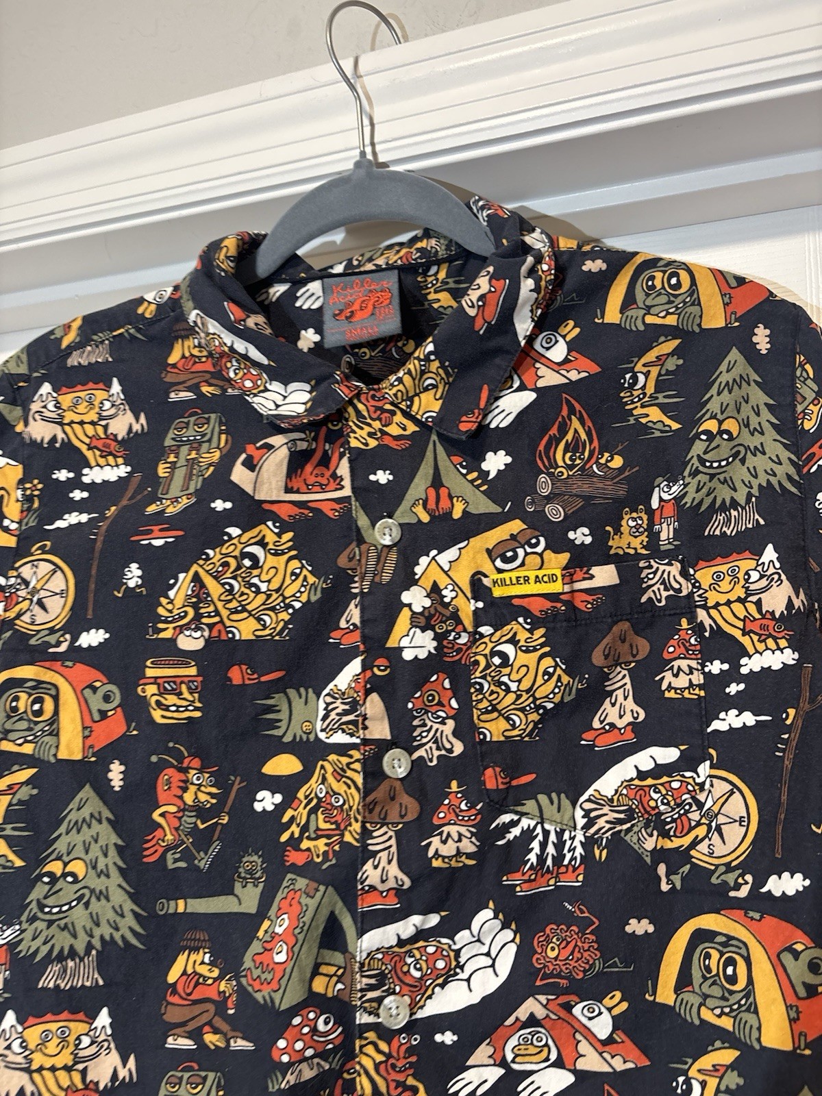 Killer Acid No Bad Trips Print Camp Shirt Button Up Mens Sz Small Mushrooms