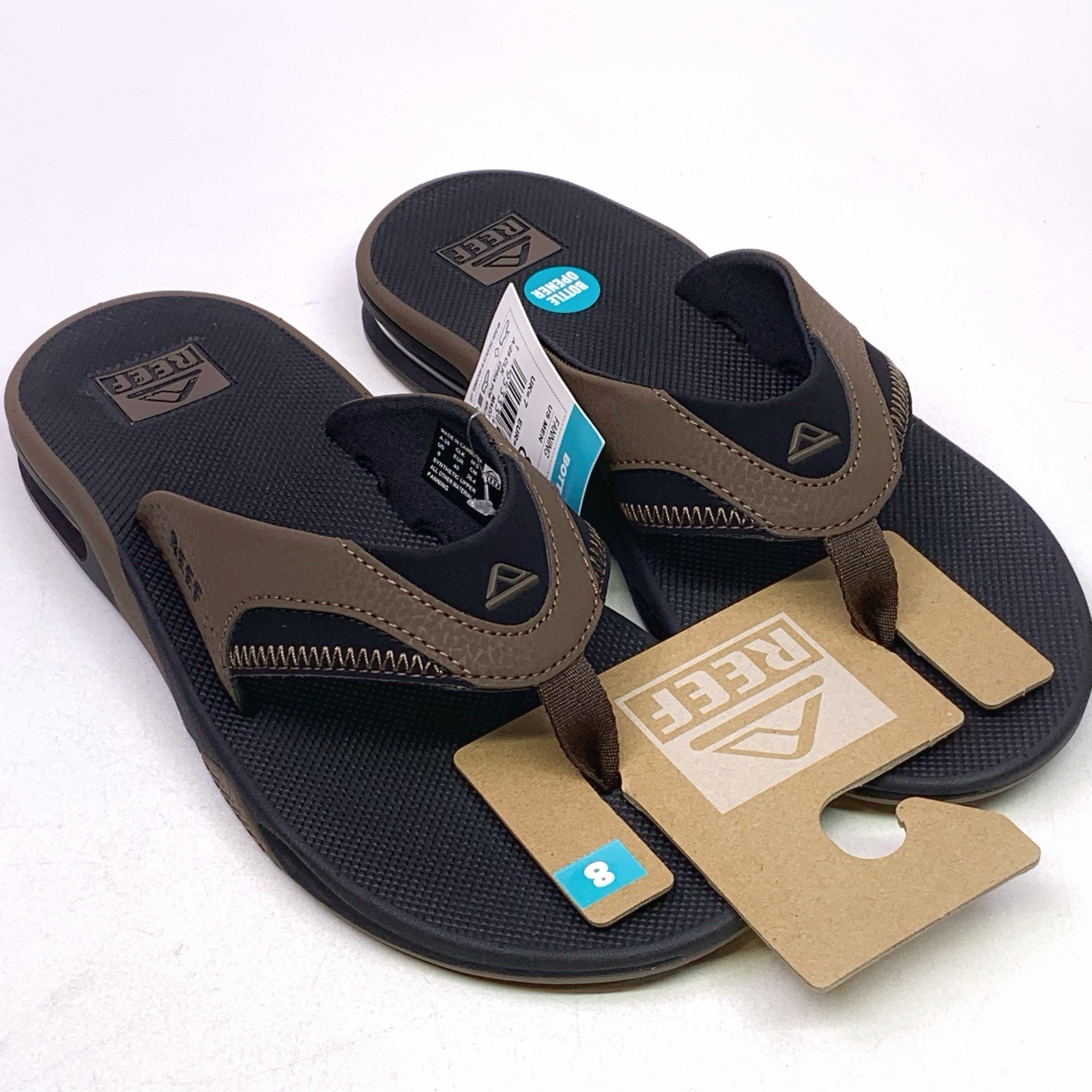 REEF Fanning Flip-Flop Sandals & Sole Bottle Opener Black/Tan Men’s Size 8 NEW