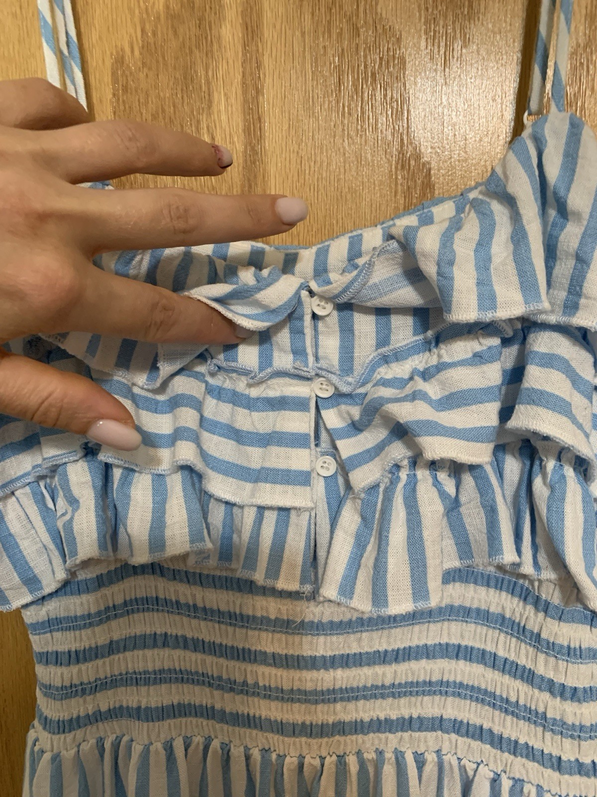Aqua long turquoise and white striped dress with ruffles size S rayon