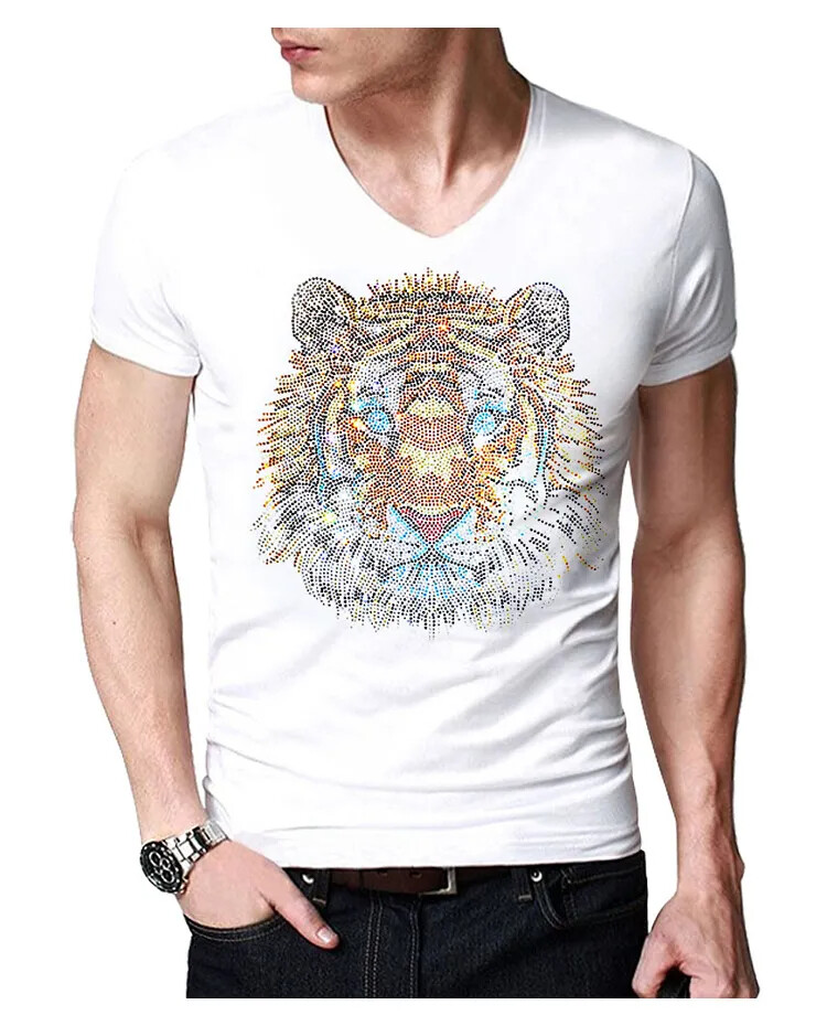 New Fashion Tiger Rhinestones Summer Short Sleeve Luxury Men Designer T-Shirt